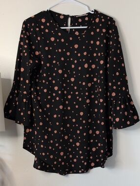 Ces Femme Black Blouse with Dusty Rose Polka Dots